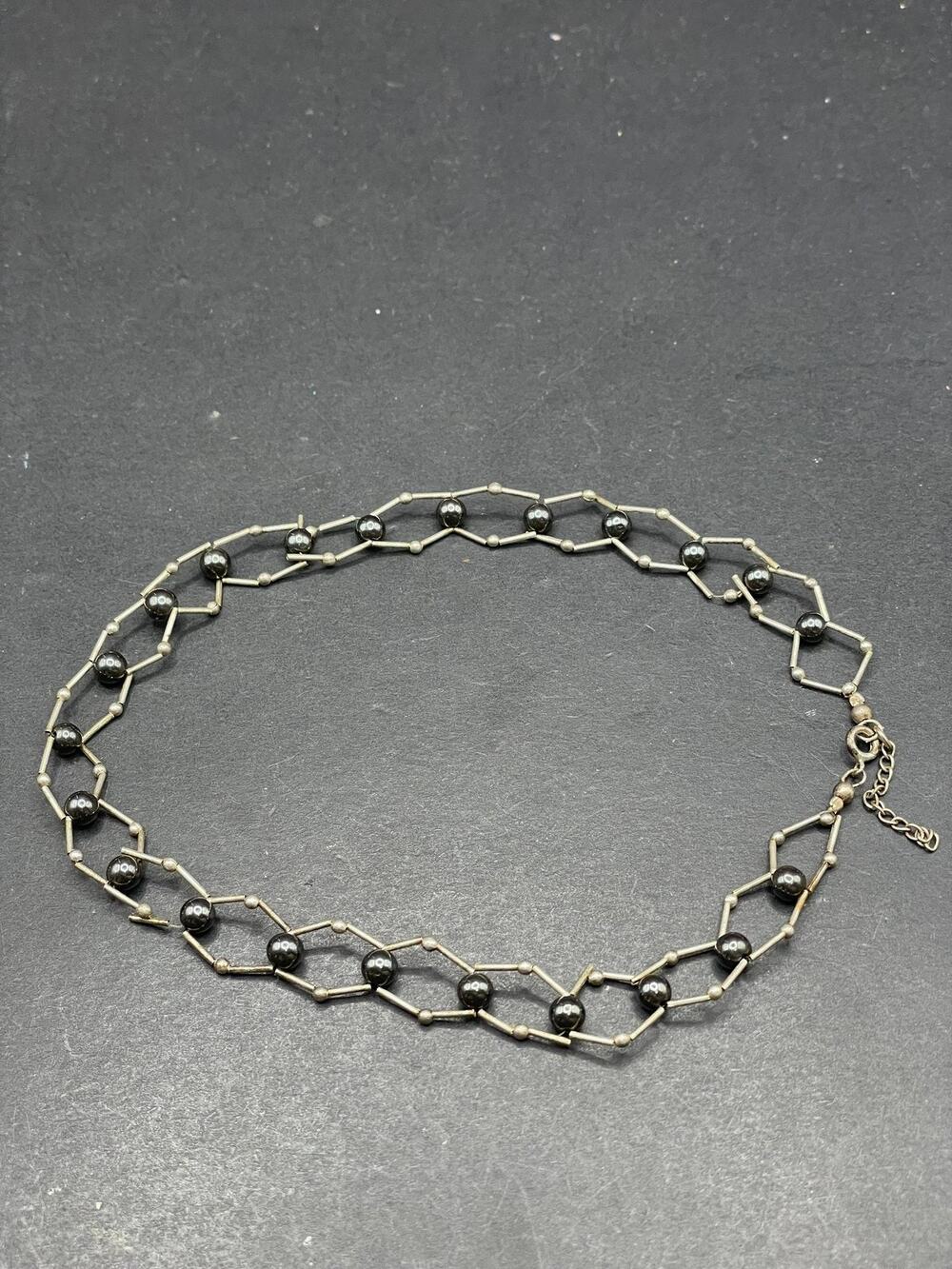 Geometric Link Necklace with Dark Beads 925 Sterling Silver Style Vintage